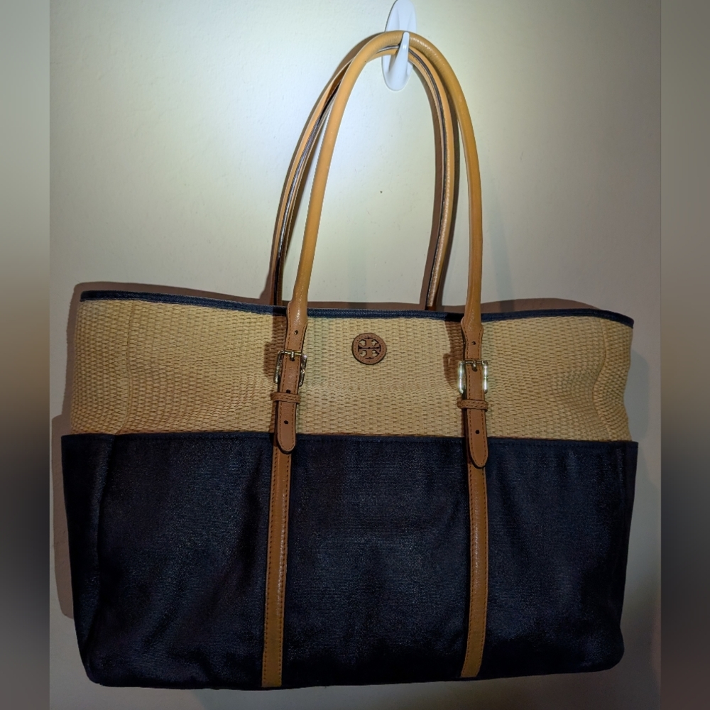 ***SOLD***Tory Burch Lydia Tote Blue And Tan Canvas With Straw Weaving.